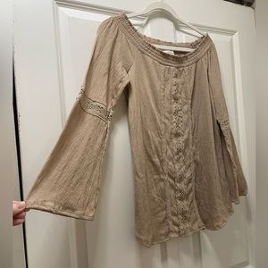 French Laundry Cotton Blend Medium Taupe Open Lace Details Shirt Wide Sleeve